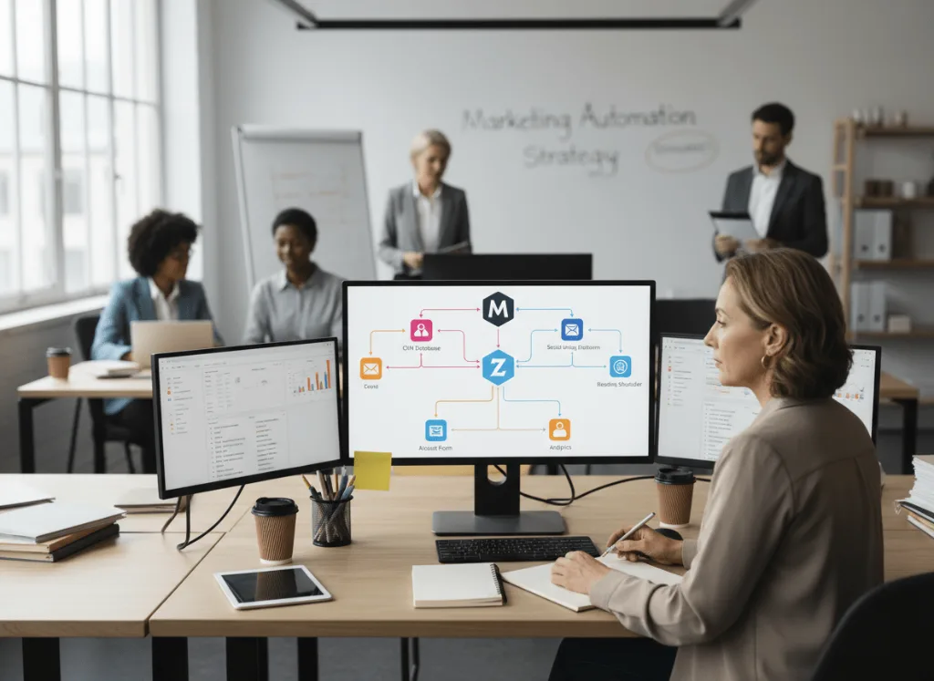 Équipe marketing devant un écran montrant un scénario d'automatisation reliant Make et Zapier à un CRM et à des outils d'emailing